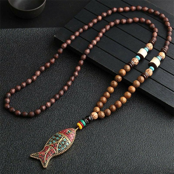 Handmade Unisex Mala Wood Beads Fish Necklace - Fashion Jewelry - Picture 3 of 11